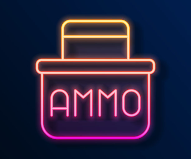 发光的霓虹灯线军用弹药箱与一些弹药子弹图标孤立的黑色背景。向量图片下载