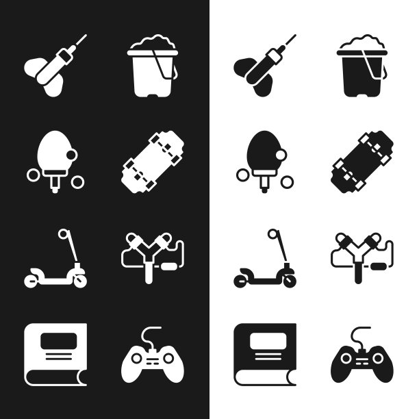 集滑板，球拍，镖箭，沙子在桶，滑板车，弹弓，手柄和书的图标。向量图片下载