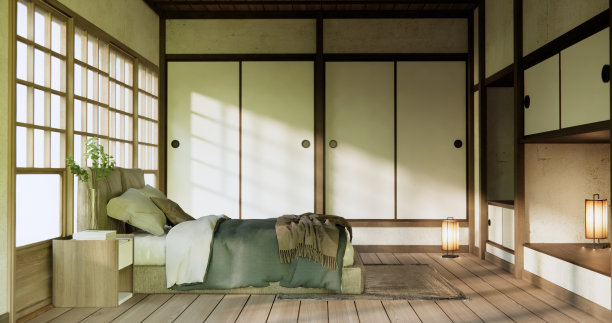 卧室日式简约风格。，现代的白墙和木地板，房间极简主义。图片下载