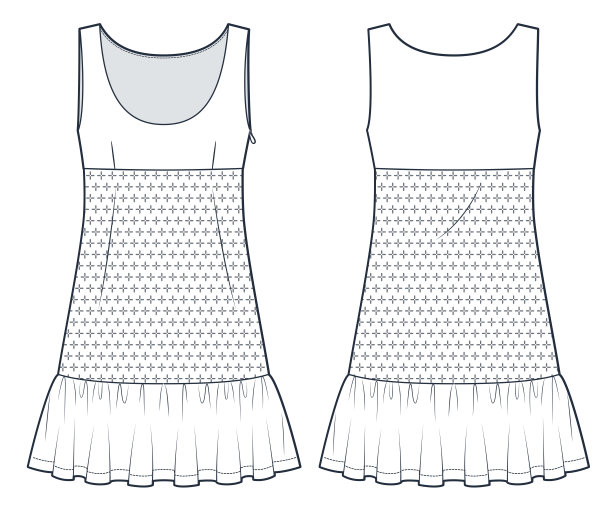 穿孔迷你裙技术时尚插图。无袖连衣裙时尚平面技术图纸模板，低圆领，褶边，a字，前后视图，白色，女装CAD样板。图片下载