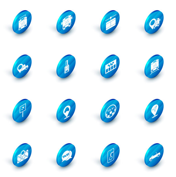 集公共汽车，缆车，位置与公共汽车，出租车，机场，汽车钥匙遥控器，火车和计价器图标。向量图片下载