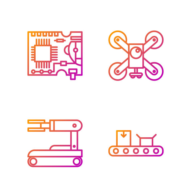 设有纸箱输送带，机器人，印刷电路板PCB和无人机飞行与运动相机。渐变颜色图标。向量图片下载