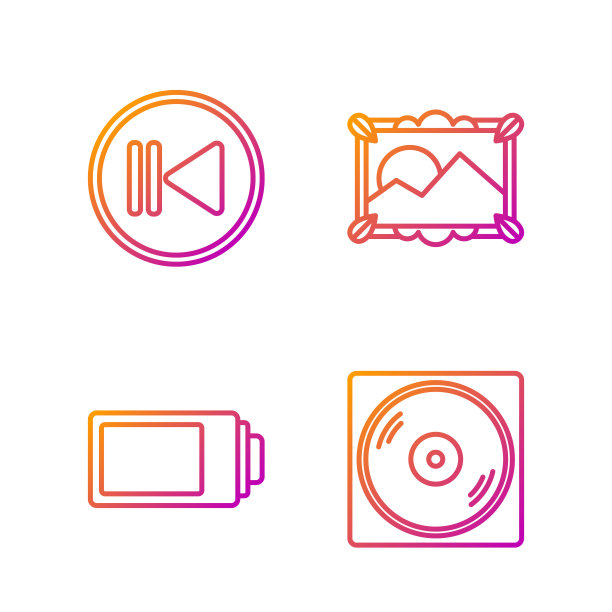 设置线路乙烯基磁盘，电池充电水平指示，倒带和图片景观。渐变颜色图标。向量图片下载