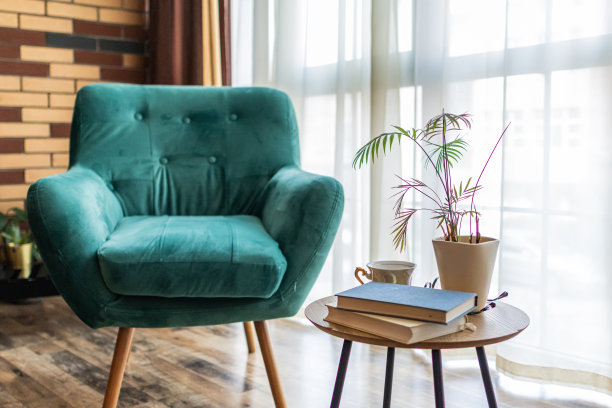 现代软椅或扶手椅后面的咖啡桌，书和咖啡杯。把植物放在桌子上。明亮的客厅。放松的地方。图片下载