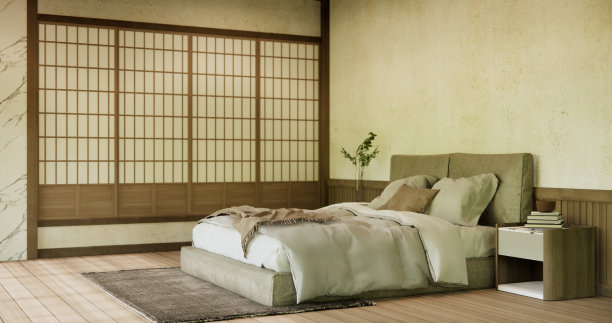卧室日式简约风格。，现代的白墙和木地板，房间极简主义。图片下载