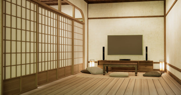 房间里的橱柜矮桌上有电视和台灯。三维渲染图片下载