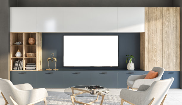 现代客厅，电视放在橱柜上，软扶手椅和咖啡桌图片下载