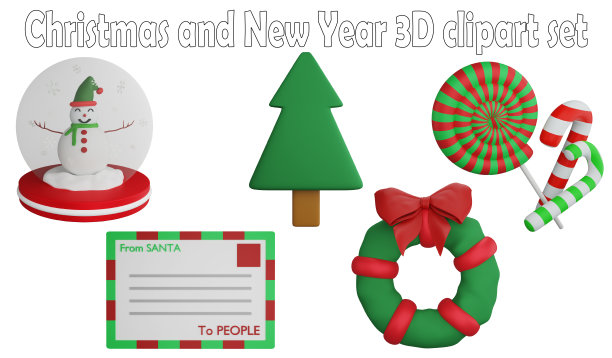 圣诞节和新年剪贴画元素，3D渲染圣诞概念孤立在白色背景图标集No.15图片下载