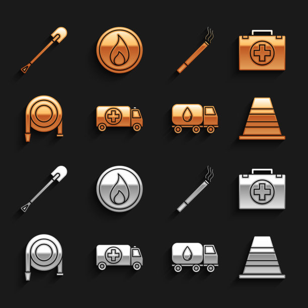 设置救护车和急救车，急救箱，交通锥，送水车，消防水带卷筒，香烟，铲子和火焰图标。向量图片下载