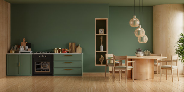 厨房室内设计采用深绿色墙面，餐厅室内- 3D渲染图片下载