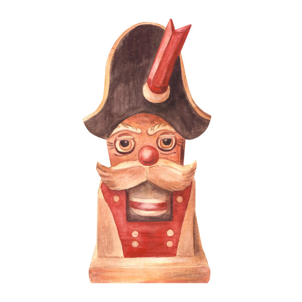 水彩胡桃夹子，木制玩具兵。德国圣诞树复古玩具手绘插画图片下载