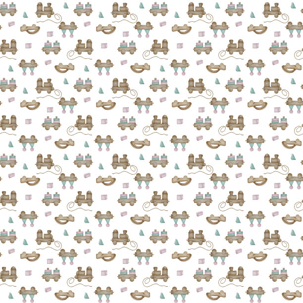 幼儿木制玩具无缝图案隔离在白色。婴儿堆叠火车玩具与几何块在水彩手绘。柔和色调的儿童车。为纺织、织物设计图片下载