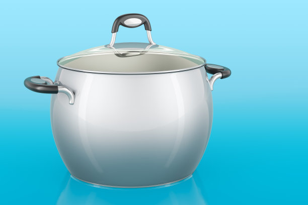 蓝色背景的钢料锅，3D渲染图片下载