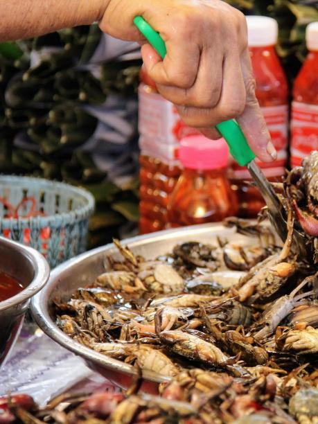 一张照片上，一个人正在切一大堆螃蟹。图片下载