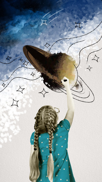 小女孩，孩子画行星，土星。想象宇宙，快乐探索宇宙。当代艺术拼贴。图片下载