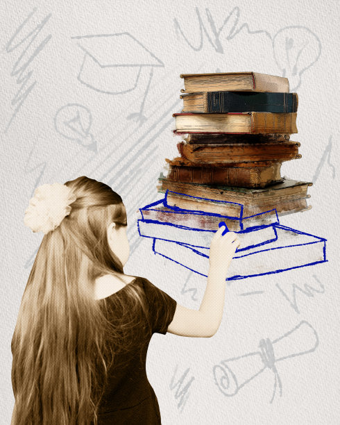 女孩，孩子用粉笔画书。儿童教育体系。快乐在学习。当代艺术拼贴。图片下载