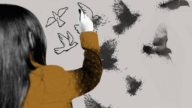 小女孩的单色图像，孩子做彩色涂鸦，鸟。自由和想象力。当代艺术拼贴。图片下载