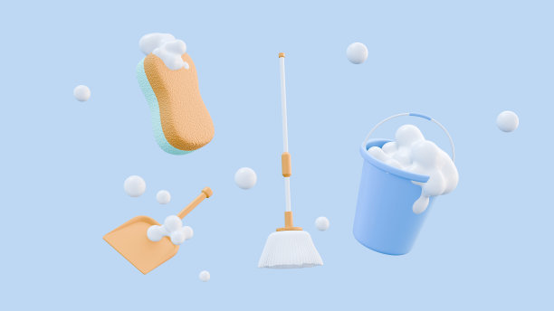 概念清晰。蓝色背景的卡通拖把、桶、海绵和簸箕，3d渲染图片下载