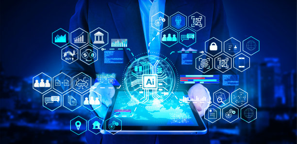 商人利用AI技术从平板电脑到管理生活方式、投资、安全、云商业数据网络等技术概念。图片下载