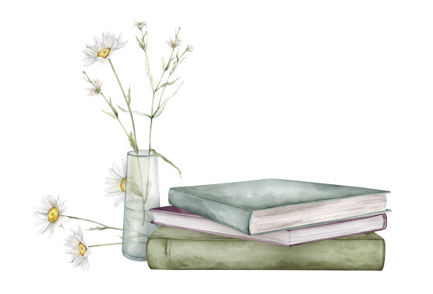 水彩插画植物和一堆堆读书用的书，一堆堆教育用的课本。洋甘菊或雏菊和白色的小花。绿色和蓝色插图孤立的背景图片下载