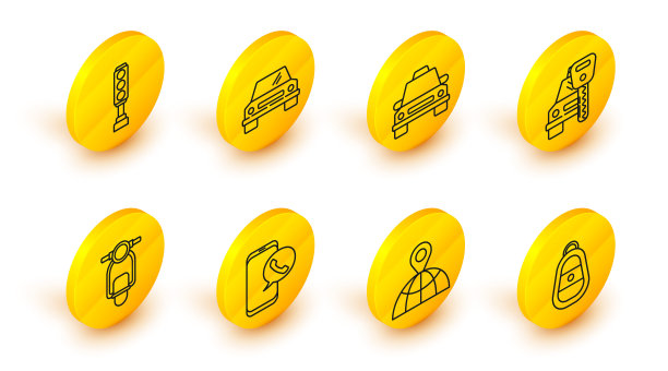 设置线车钥匙与远程，位置在全球，出租车呼叫电话服务，摩托车，租赁，汽车，和交通灯图标。向量图片下载