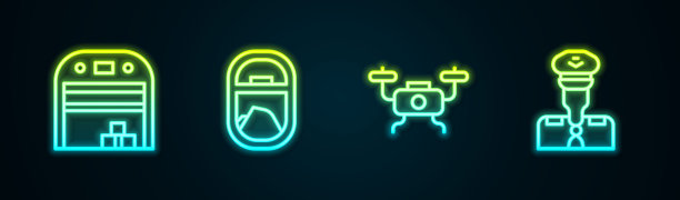 集线机库，飞机窗口，无人机飞行和飞行员。发光的霓虹灯图标。向量图片下载