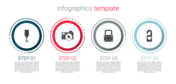 酒杯，照相机，锁和心，请不要打扰。业务信息图表模板。向量图片下载