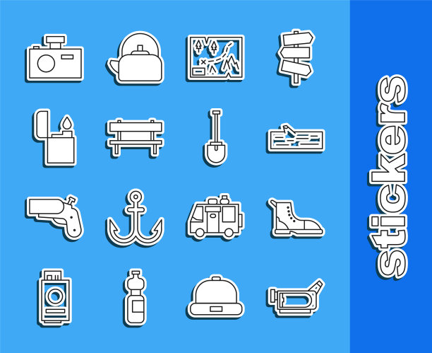 集线电影摄像机，登山靴，原木，折叠地图与位置，长凳，打火机，照片和铲子图标。向量图片下载