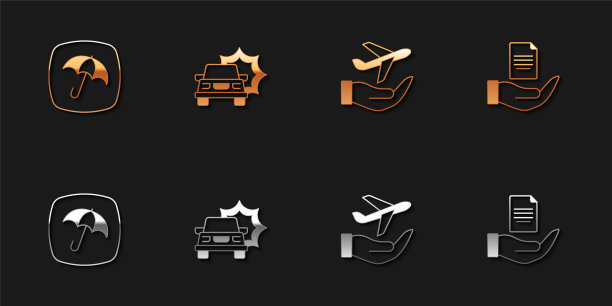 设置伞，车祸，飞机在手和合同图标。向量图片下载