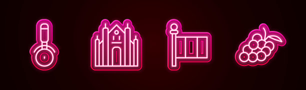 集线比萨刀，米兰大教堂，国旗意大利和葡萄水果。发光的霓虹灯图标。向量图片下载