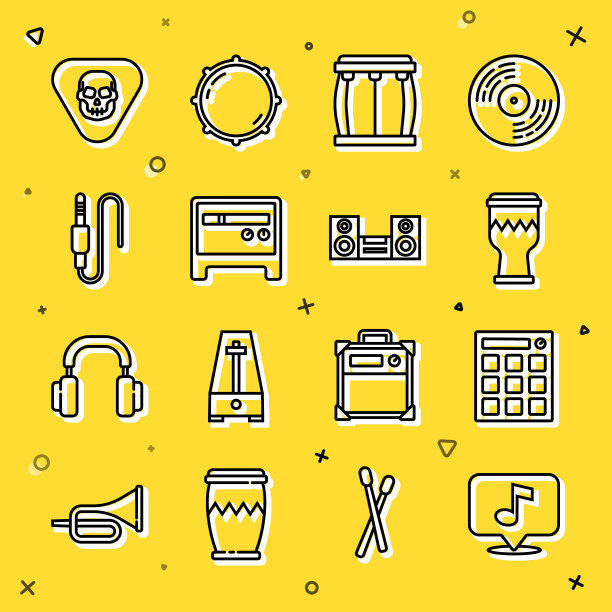 设置线音符，鼓机，吉他放大器，音频插孔，pick和家庭立体声图标。向量图片下载