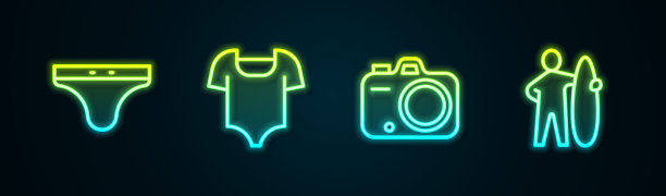 采购产品泳裤，泳装，照相机和冲浪板。发光的霓虹灯图标。向量图片下载