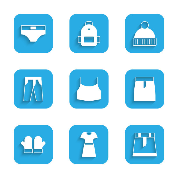 设置女性露脐上衣，女装，裙子，圣诞手套，裤子，无边帽和男人内裤图标。向量图片下载