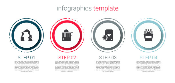 集大峡谷，老虎机，赌场筹码扑克牌和土豆薯条盒。业务信息图表模板。向量图片下载