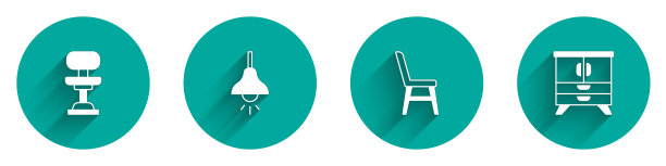 设置办公椅，灯挂，椅子和抽屉柜图标长阴影。向量图片下载