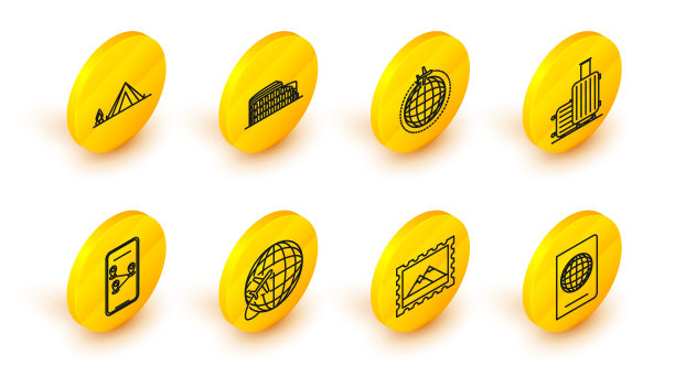 Set line Passport with biometric data, Globe flying plane, Infographic of city map navigation，旅行箱for travel, Coliseum Rome, Italy, Tourist tent wood fire icon。向量图片下载