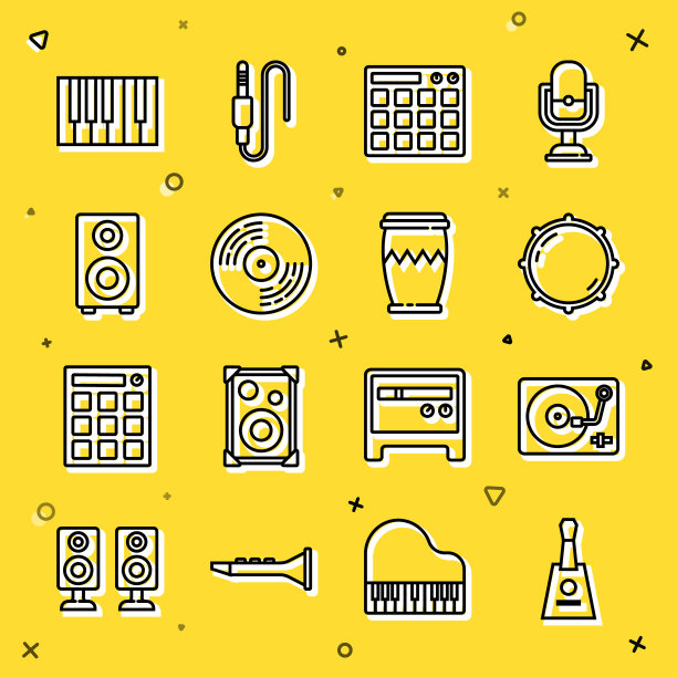 设置线Balalaika，黑胶播放器与黑胶磁盘，拨号旋钮水平，鼓机，立体声扬声器，大钢琴和图标。向量图片下载
