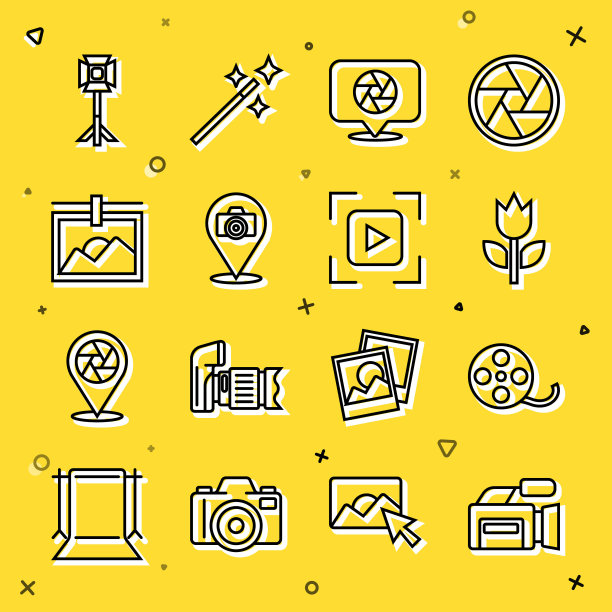 设置线电影相机，电影卷轴，照片模式微距，相机快门，框架，工作室灯泡软箱和焦点线图标。向量图片下载