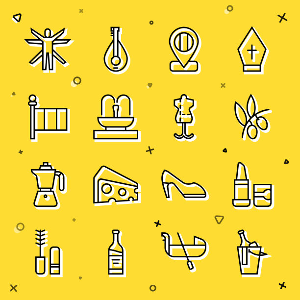 集线瓶酒在桶，口红，橄榄枝，位置旗帜意大利，喷泉，旗帜，维特鲁威人和人体模型图标。向量图片下载