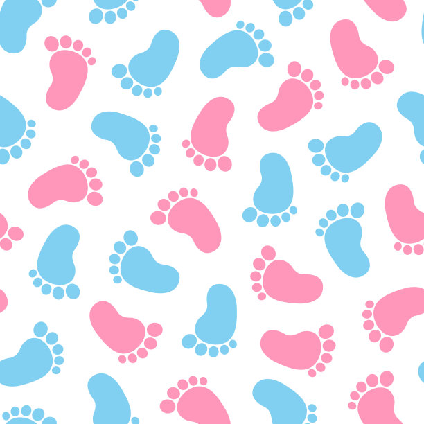 男婴和女婴的脚印无缝图案，完美的婴儿派对。背景是蓝色和粉红色的新生儿脚。图片下载
