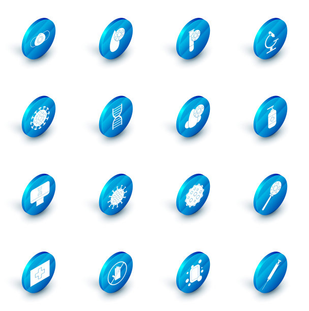 集血液测试和病毒，试管，显微镜，病毒，DNA螺旋计算机，符号，瓶液体抗菌皂和流鼻涕图标。向量图片下载