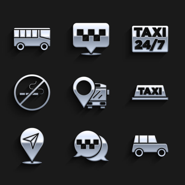 设置位置公交车，出租车呼叫电话服务，汽车，车顶，禁止吸烟，出租车和公交车图标。向量图片下载
