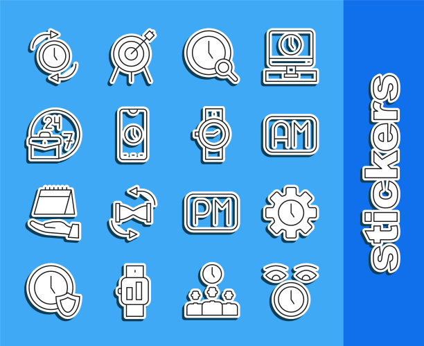 设置线时钟，时间管理，早晨时间，放大镜时钟，闹钟应用程序移动，总是忙，箭头和腕表图标。向量图片下载