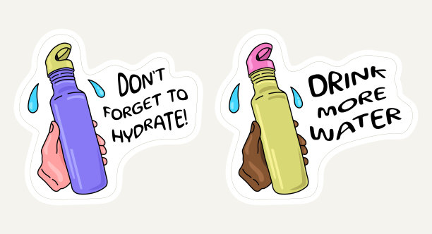 多喝水，多喝水。手绘瓶装水的手绘插图。多民族的手图片下载