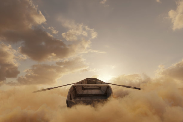 被遗弃的木船飘过蓬松的黄云。三维渲染图片下载