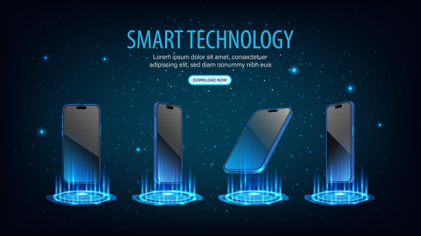带有霓虹灯的智能手机和智能手机:正面、透视侧面和面向未来的霓虹灯舞台。数字屏幕全息平台和浮动模型。矢量插图。图片下载