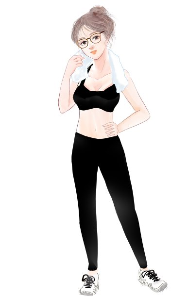 一个美女的全身插图，理想的模特身材在训练后擦汗。图片下载