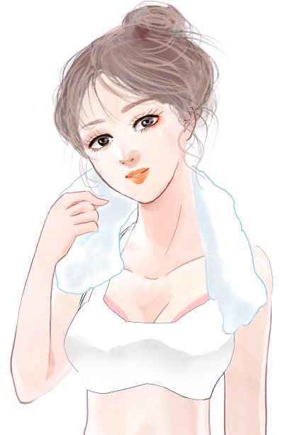 插图的上半身一个美丽的女人与理想的模特身材，擦拭汗水训练后。图片下载