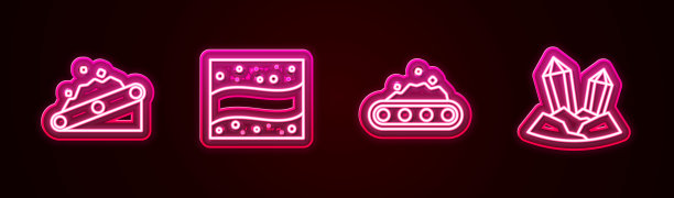 集输送带运输煤炭，金矿，宝石。发光的霓虹灯图标。向量图片下载