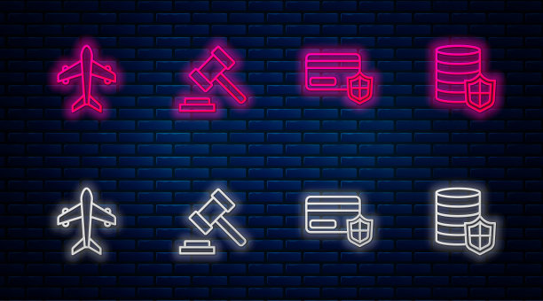 法官 gavel、带盾牌的信用卡、飞机和金钱图标组合矢量素材图片下载